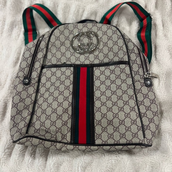 Gucci Handbags - Gucci Beige and Green Backpack with Red Stripes